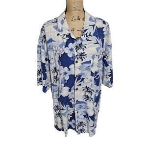 Bermuda Bay Blue and White Hawaiian Floral Tropical 100% Silk Mens Shirt Sz‎ XXL